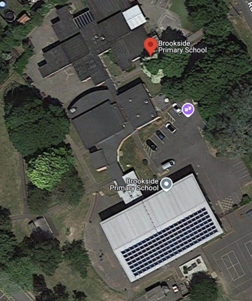 Brookside Primary School rooftop solar PV panels, community owned and operated by Low Carbon Hub, Oxfordshire