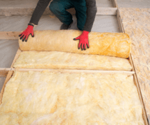 A shot of a man unrolling insulation on to a rooftop.