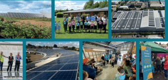 Collage showing solar panels on buildings and ground mount solar.