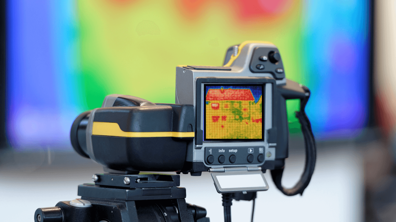 A picture of a thermal imaging camera with a house on the screen.