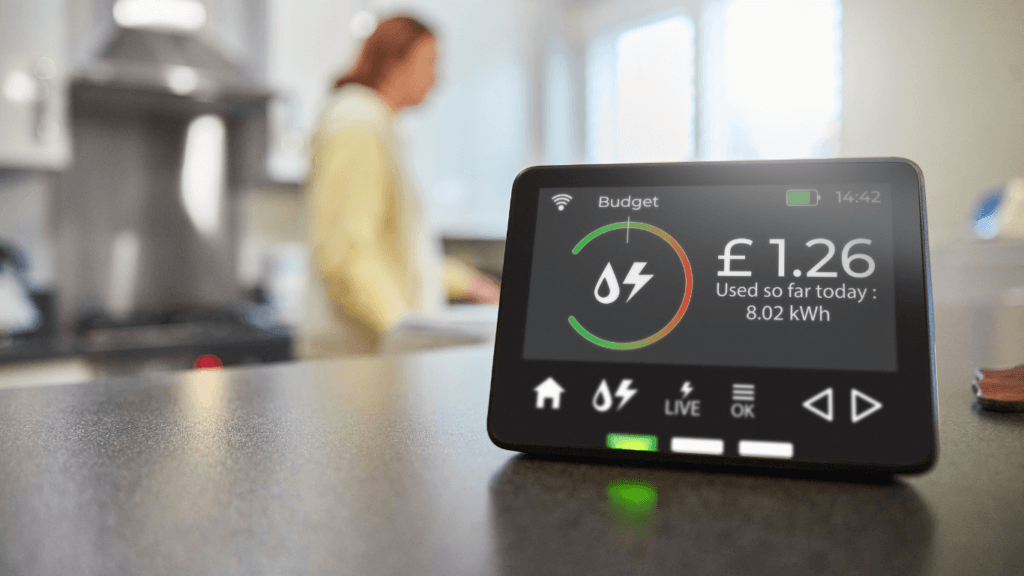 A smart meter for electricity usage in a kitchen with a women in the background.